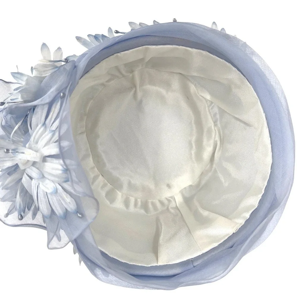 Vintage Women's Pillbox Hat Blue Chiffon Floral Fabric‎ Petals 60s Church Retro
